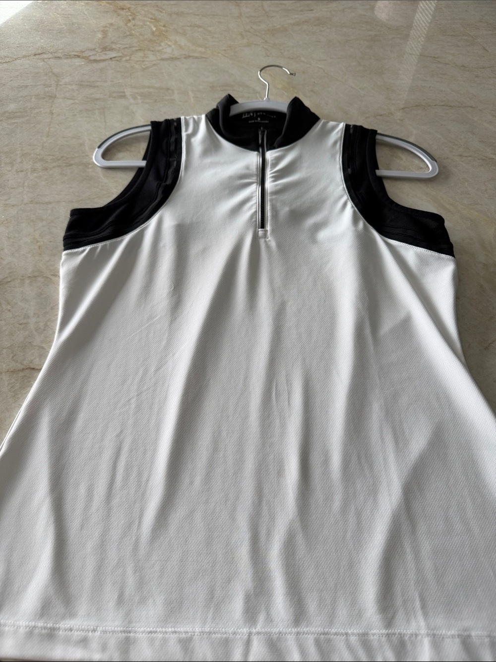 Mock Neck Sleeveless Zip-Front Tank Top in White and Black Golf tank